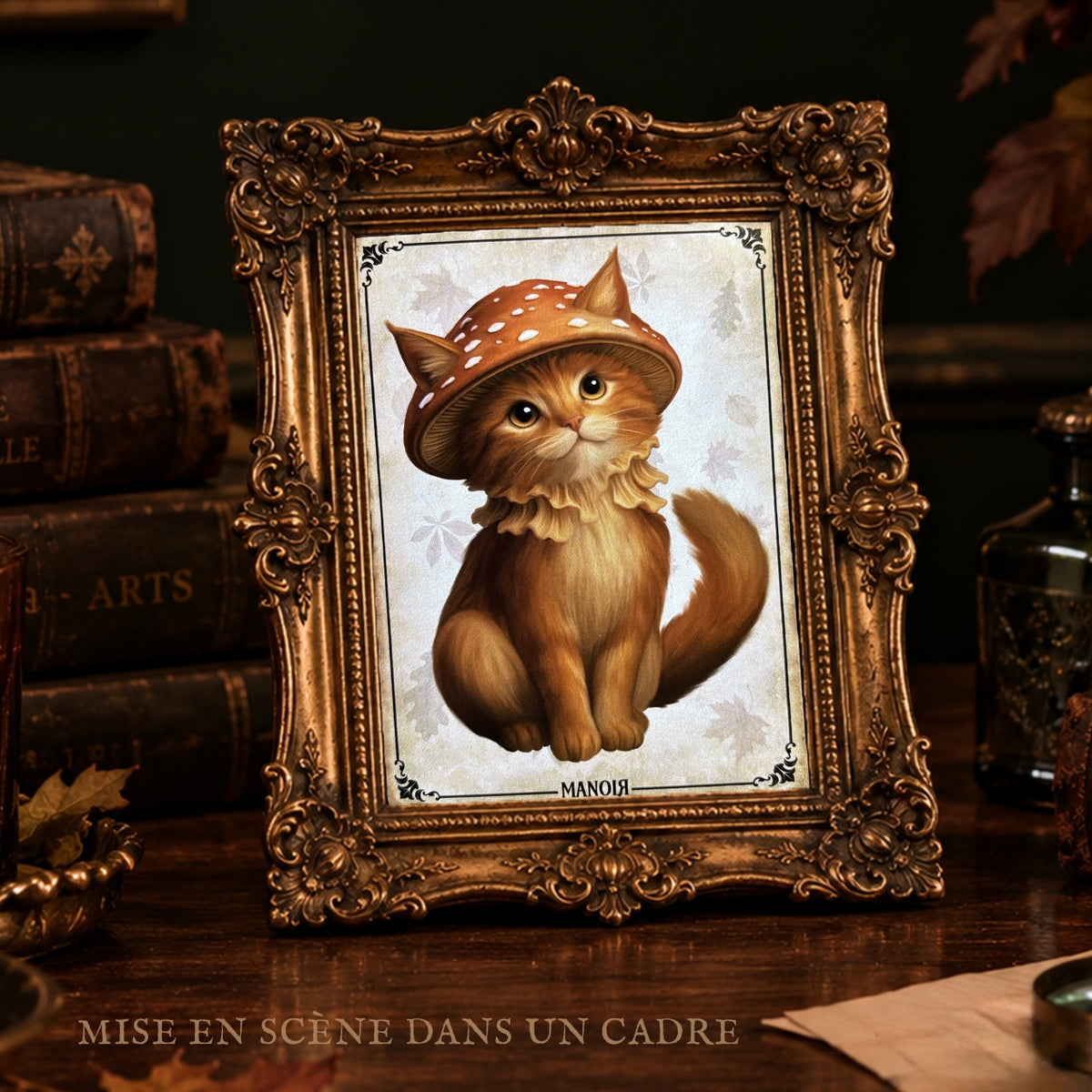 Carte postale Chat Amanite. Illustration automnale