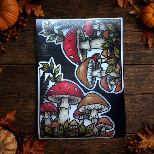 Champignons de la forêt. Sticker fenêtre vitrail. Décoration repositionnable à découper