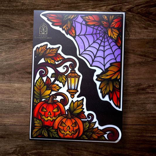 Nuit d’octobre. Stickers fenêtre vitrail. Citrouilles & toile d’araignée. Décoration repositionnable à découper
