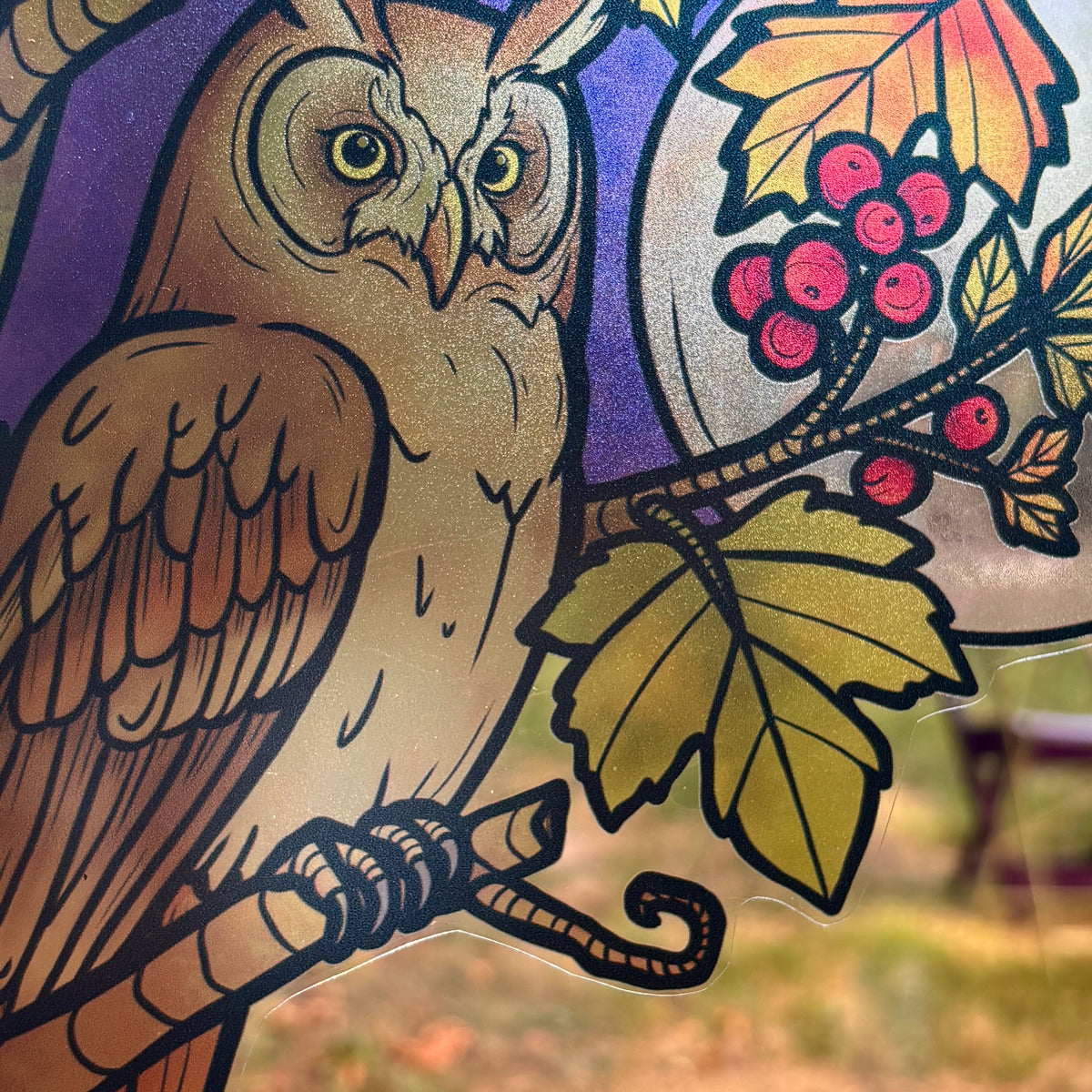 Owl & autumn fruits. Stained glass window sticker. Repositionable cut-out decoration