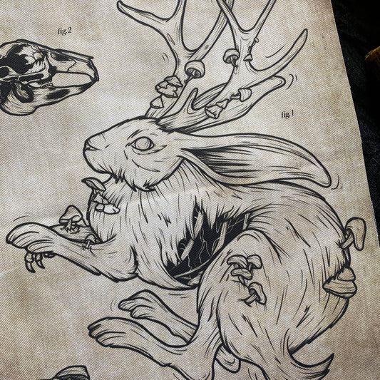 Zombie Lepus Cornutus. Poster en tissu et bois de pin. Largeur 28 cm