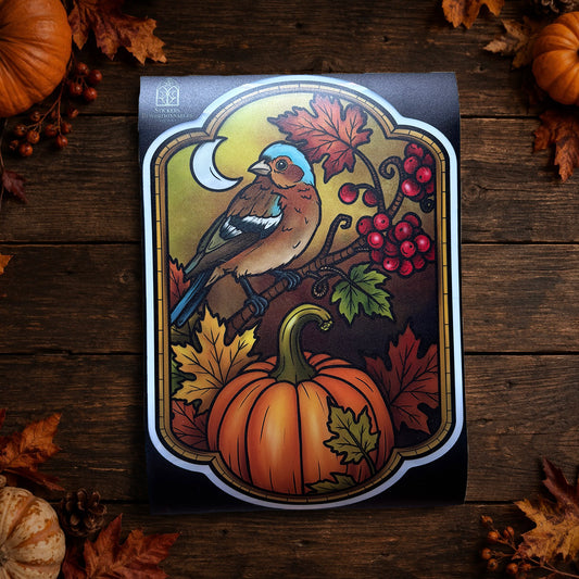 Oiseau & citrouille d’automne. Sticker fenêtre vitrail. Décoration repositionnable à découper