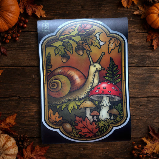 Escargot et champignons d’automne. Sticker fenêtre vitrail. Décoration repositionnable à découper