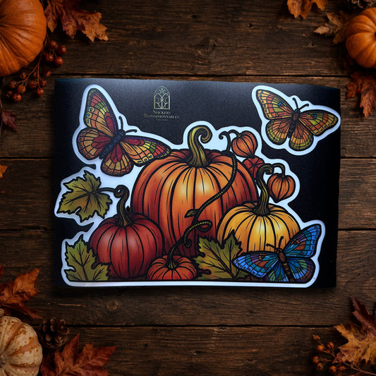 Citrouilles & papillons d’automne. Sticker fenêtre vitrail. Décoration repositionnable à découper