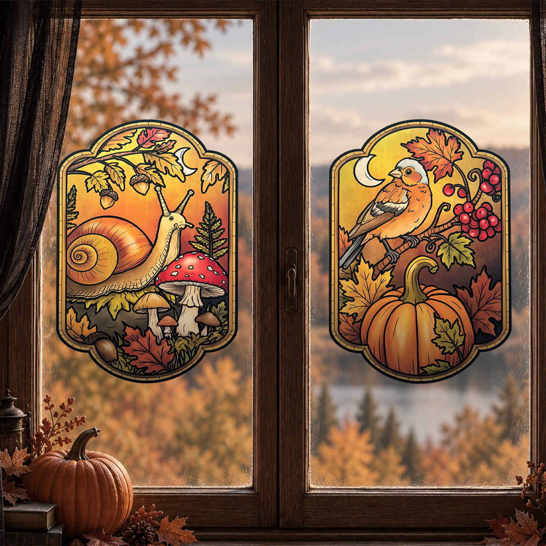 Snail and autumn mushrooms. Stained glass window sticker. Repositionable cut-out decoration
