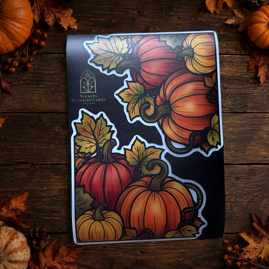 Citrouilles d’automne. Sticker fenêtre vitrail. Décoration repositionnable à découper