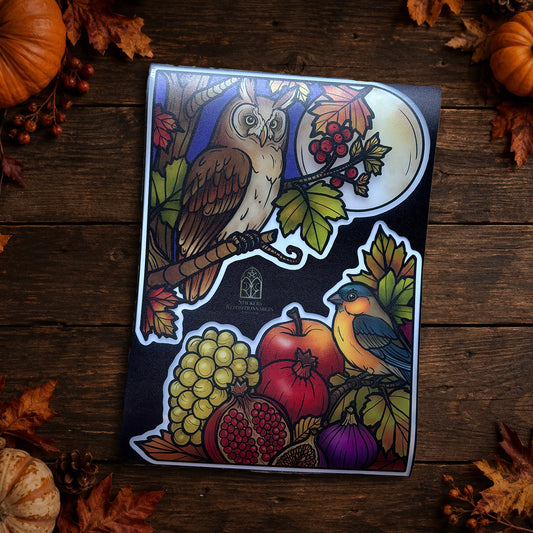 Chouette & fruits d’automne. Sticker fenêtre vitrail. Décoration repositionnable à découper