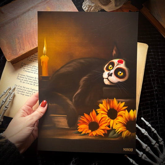 Selkie. Illustration chat noir jour des morts. Impression A4