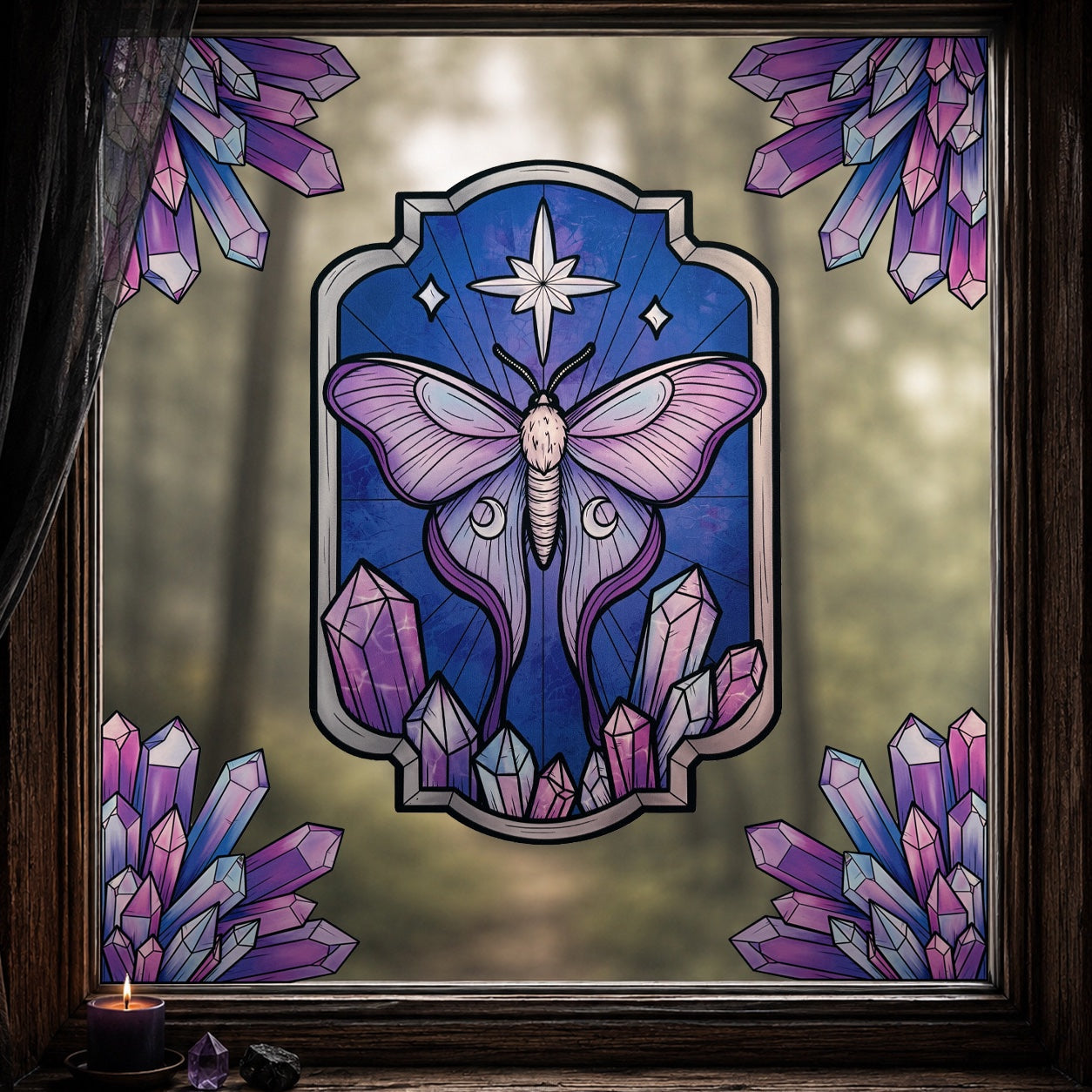Nuit d'améthyste. Sticker fenêtre vitrail. Papillon de lune et cristaux. Décoration repositionnable à découper.