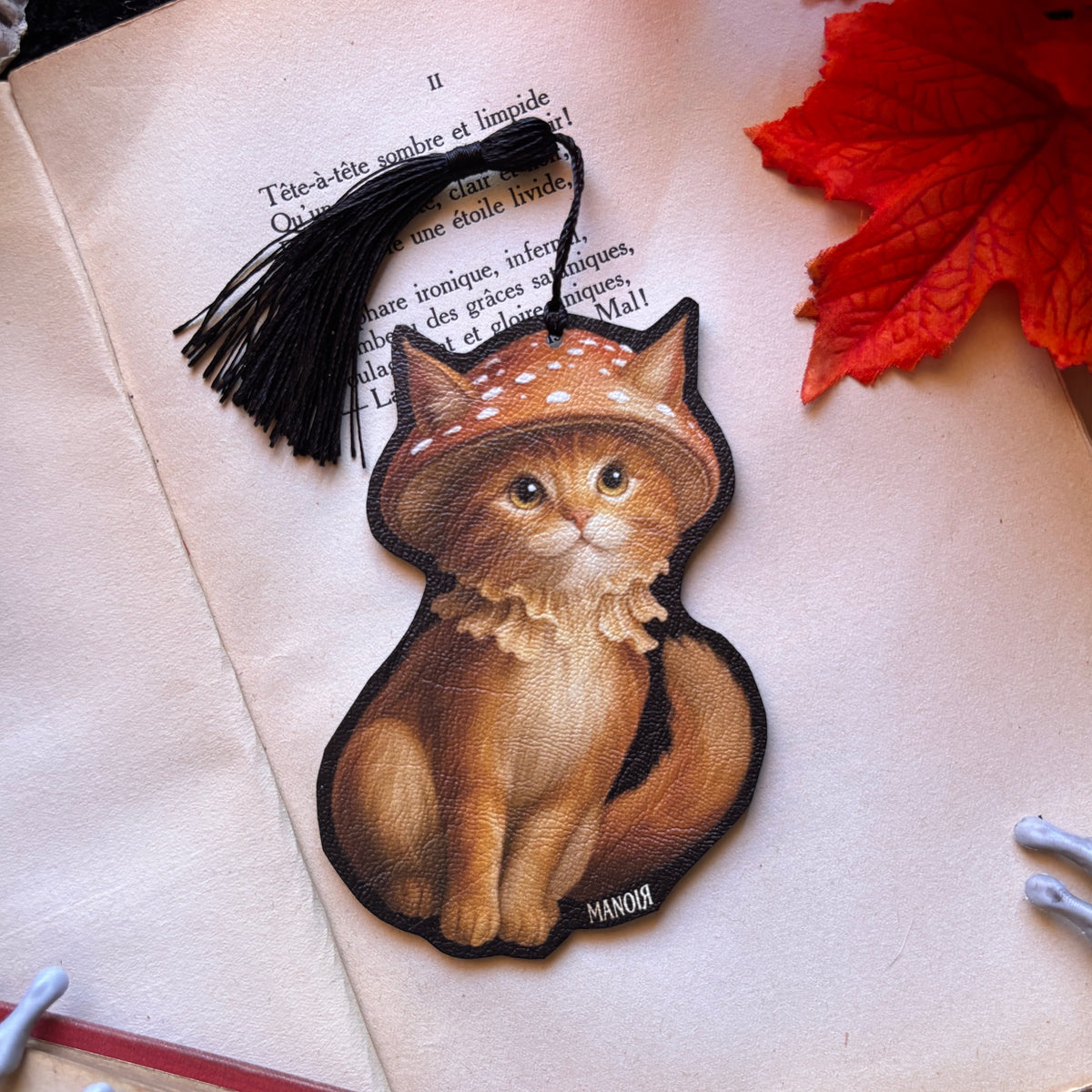 Marque Page/Decoration Chat Champignon en Simili cuir illustré