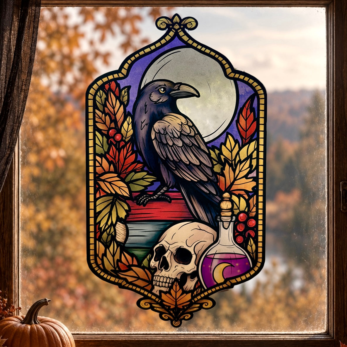 Le gardien du Grimoire. Stickers fenêtre vitrail. Décoration repositionnable à découper