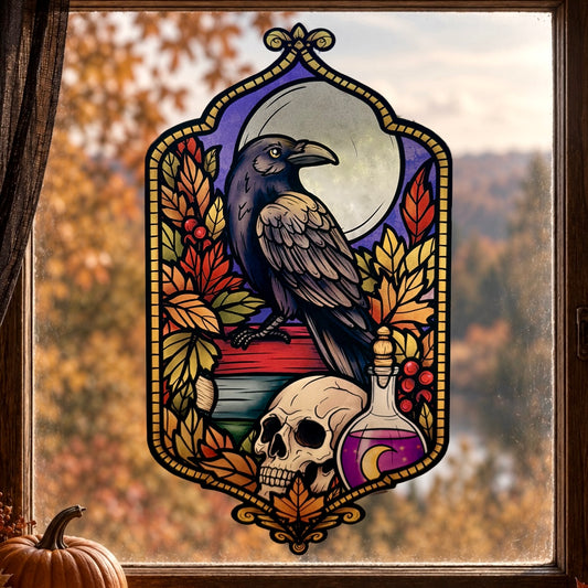 Le gardien du Grimoire. Stickers fenêtre vitrail. Décoration repositionnable à découper