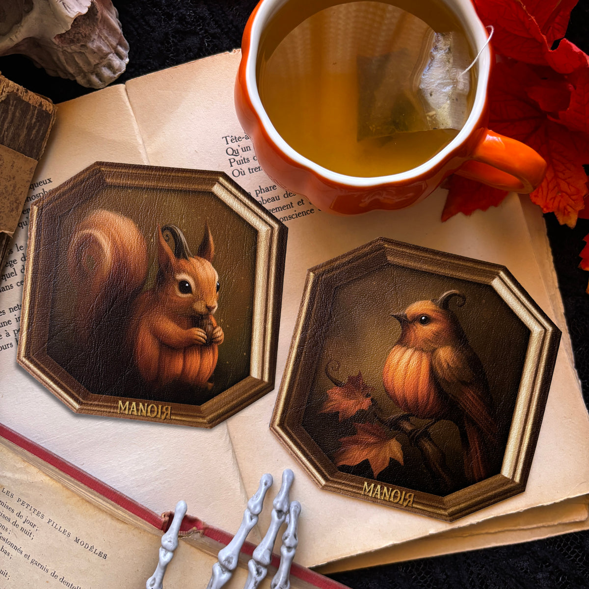 Sous-tasse Écureuil Citrouille en similicuir illustré