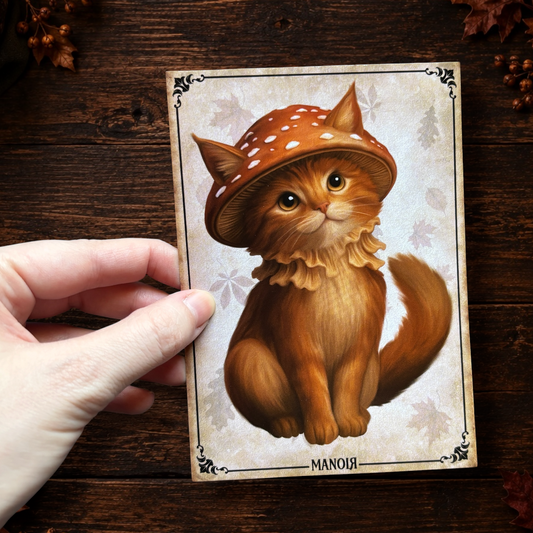 Carte postale Chat Amanite. Illustration automnale