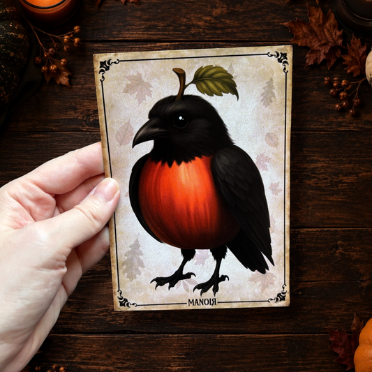 Carte postale Corbeau Pomme. Illustration automnale