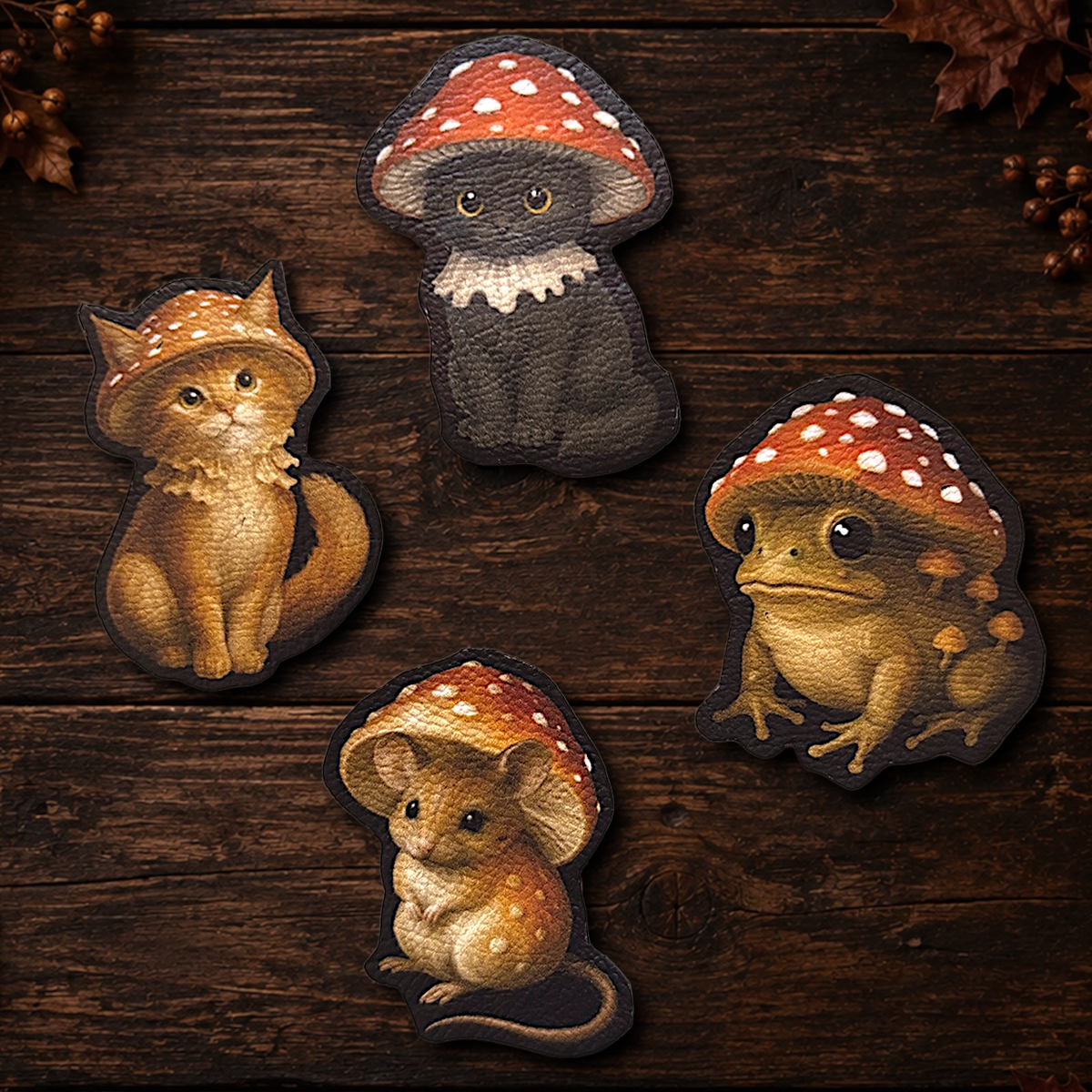 Magnet ou Pin’s Chat noir Champignon. Illustration automnale