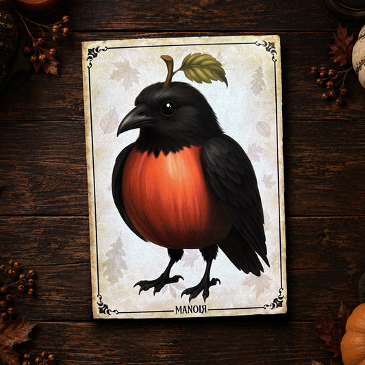 Carte postale Corbeau Pomme. Illustration automnale