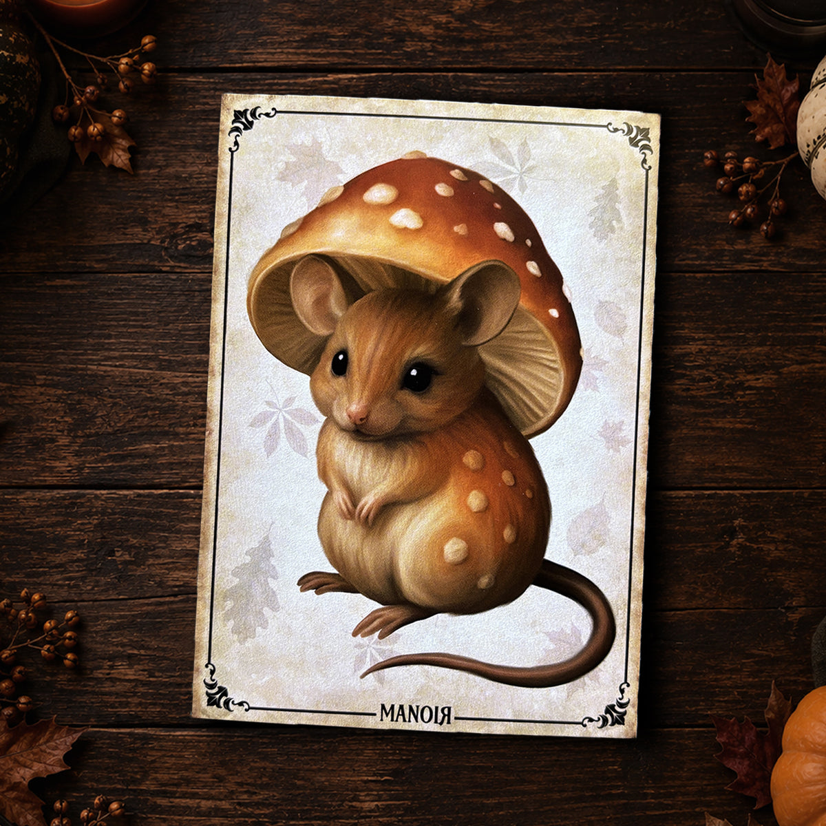 Carte postale Souris Amanite. Illustration automnale