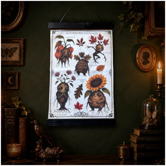 Poster tissu Mandragores d’Automne. Décoration murale botanique dark academia. Largeur 28 cm