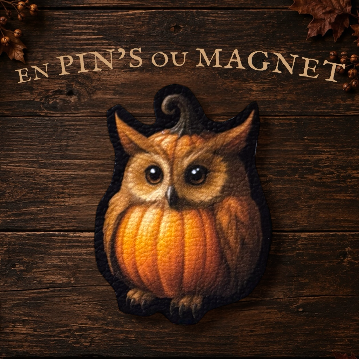 Magnet ou Pin’s hibou citrouille. Illustration automnale