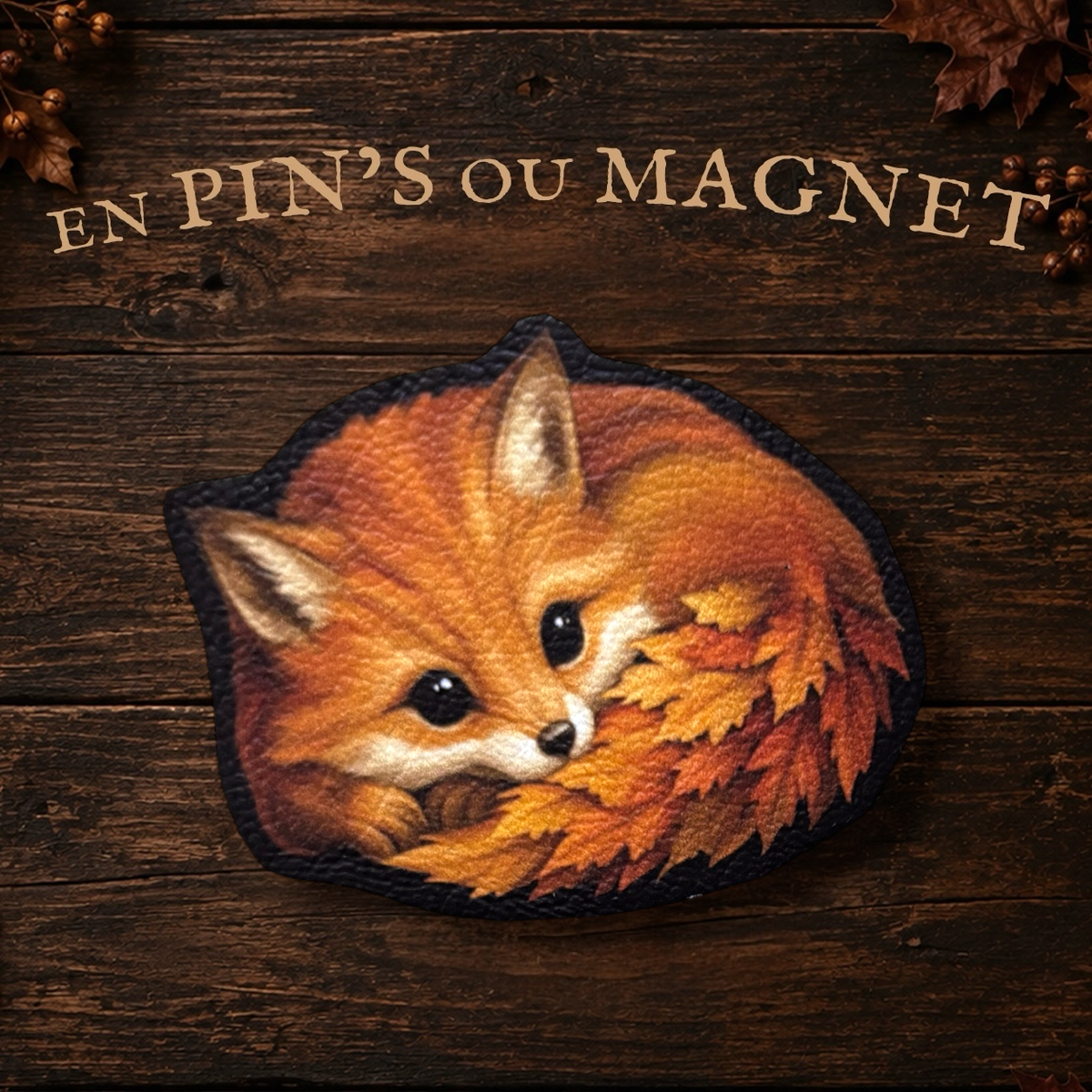 Magnet ou Pin’s Renard feuillu. Illustration automnale