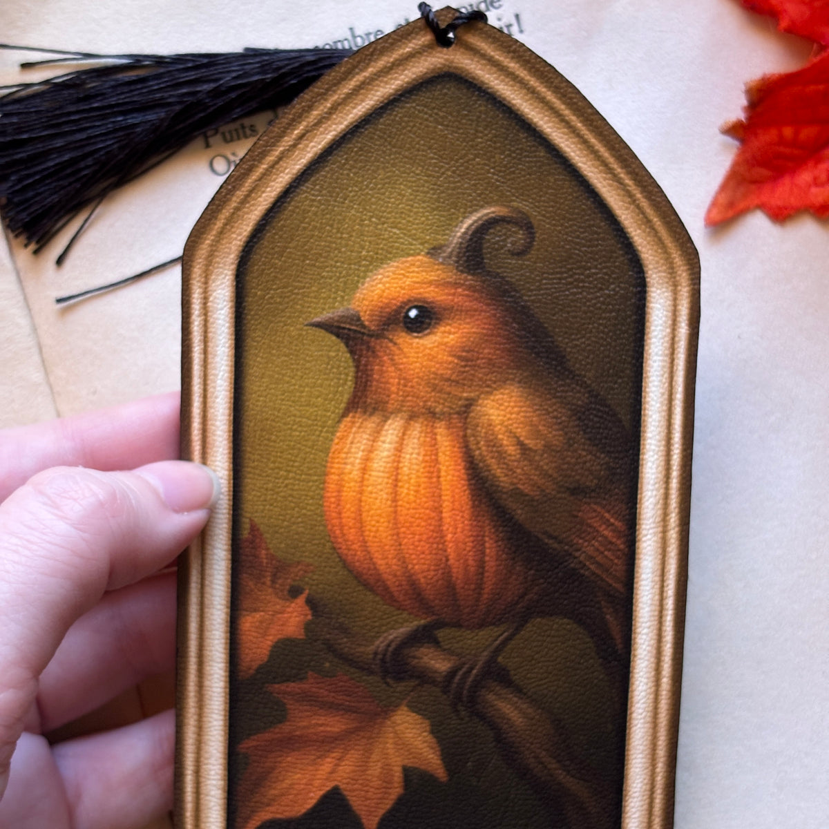 Marque Page/Decoration Oiseau Citrouille en Simili cuir illustré