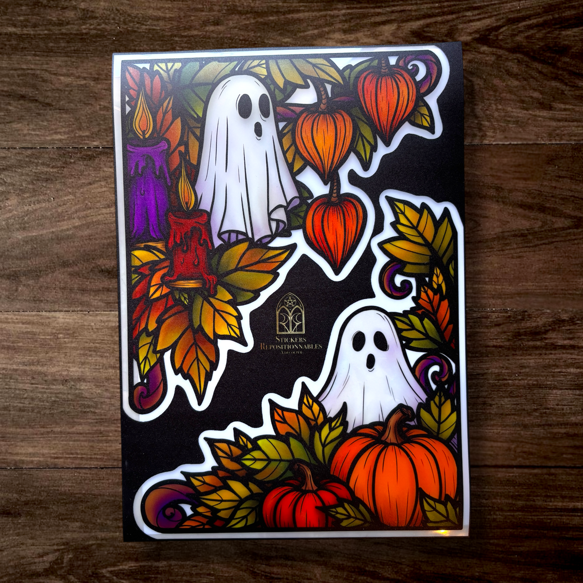 Fantômes de l’automne. Stickers fenêtre vitrail. Décoration repositionnable à découper