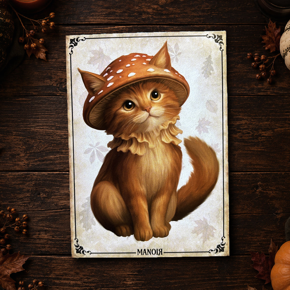 Carte postale Chat Amanite. Illustration automnale