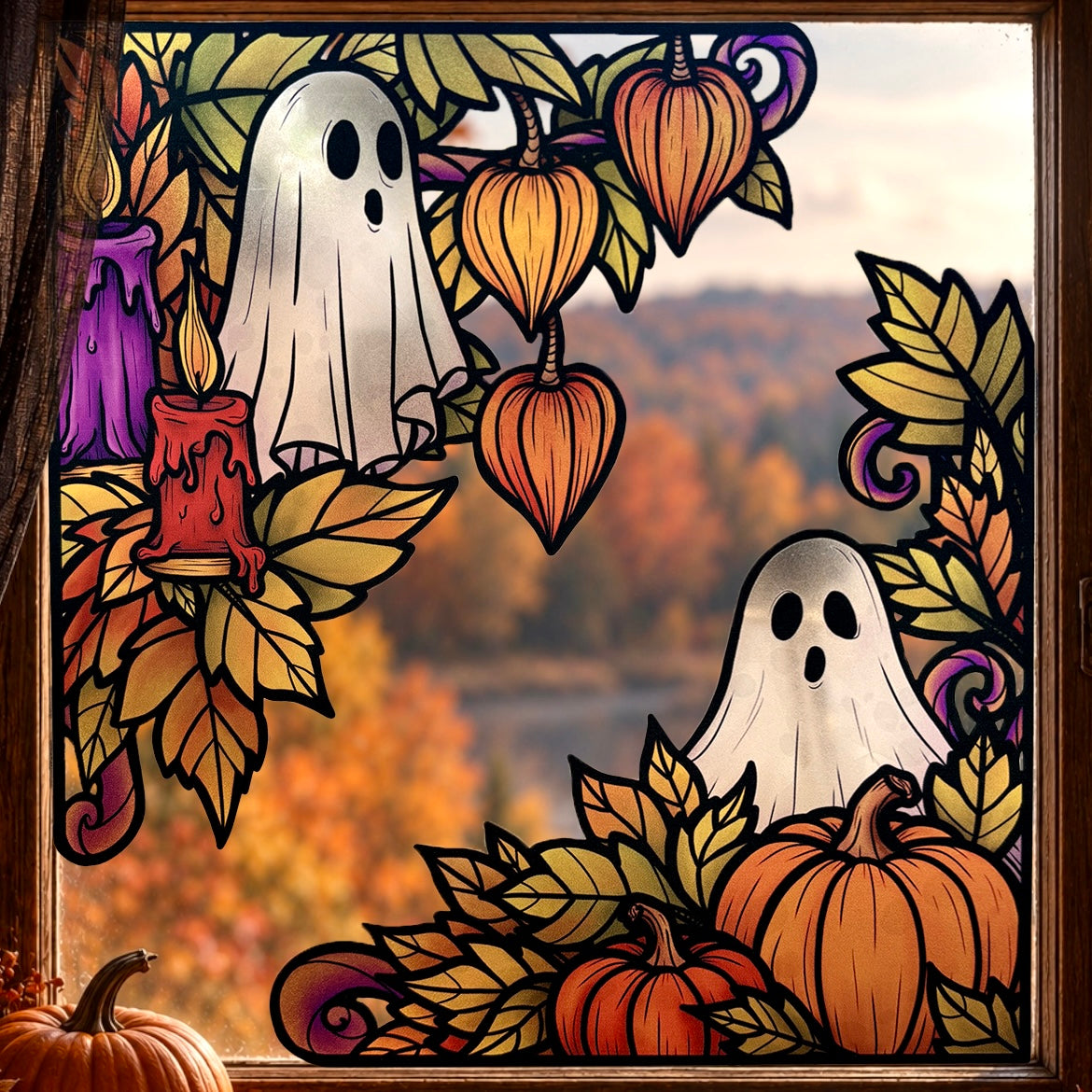 Fantômes de l’automne. Stickers fenêtre vitrail. Décoration repositionnable à découper