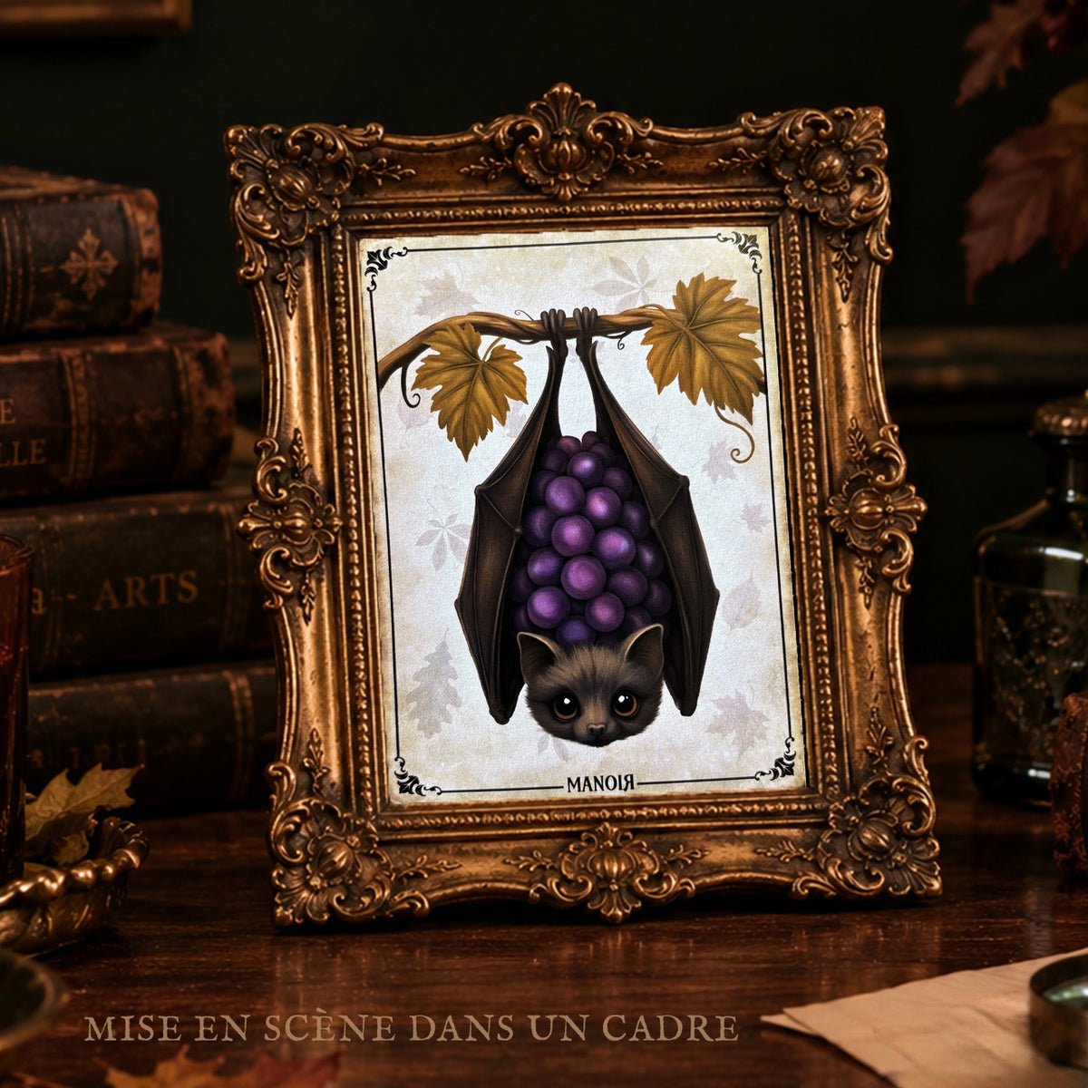 Carte postale Chauve-souris Raisin. Illustration automnale