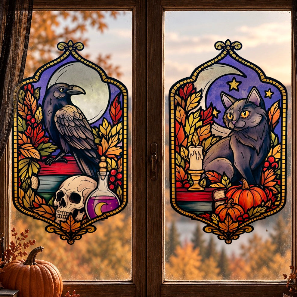 Le gardien du Grimoire. Stickers fenêtre vitrail. Décoration repositionnable à découper