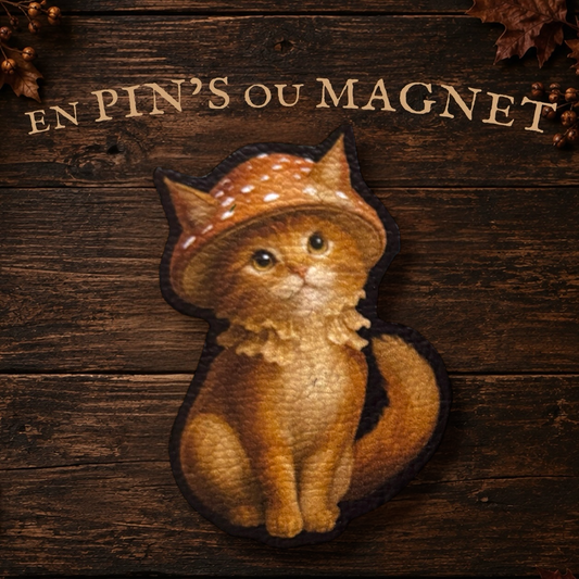 Magnet ou Pin’s Chat Champignon. Illustration automnale