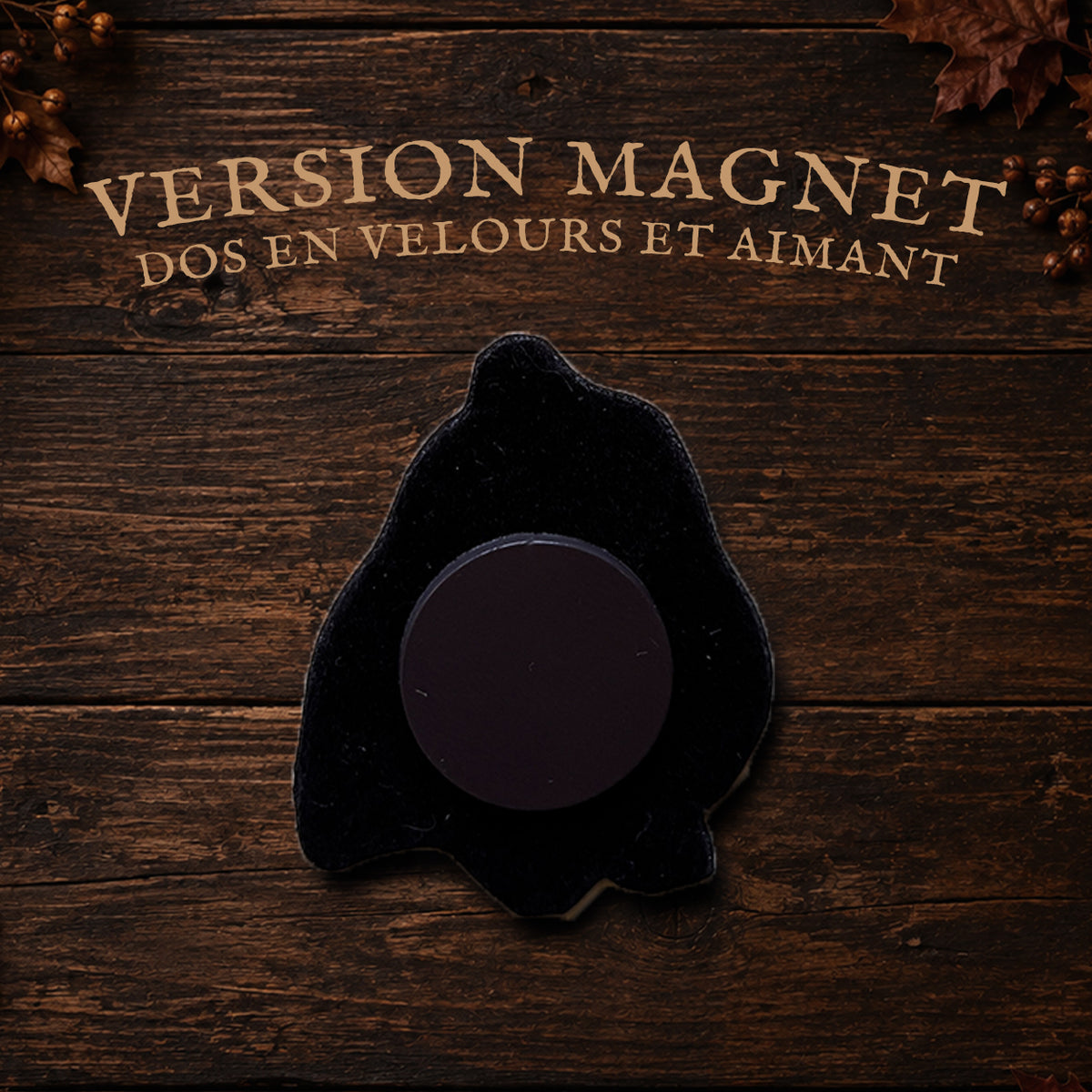 Magnet ou Pin’s Chat noir Champignon. Illustration automnale