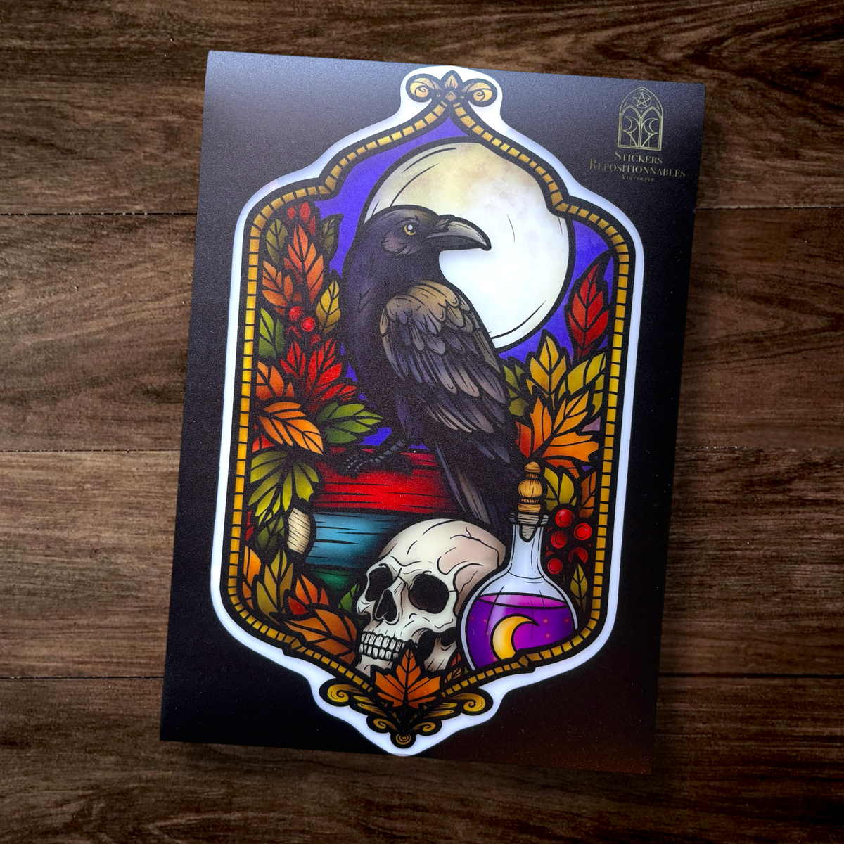 Le gardien du Grimoire. Stickers fenêtre vitrail. Décoration repositionnable à découper