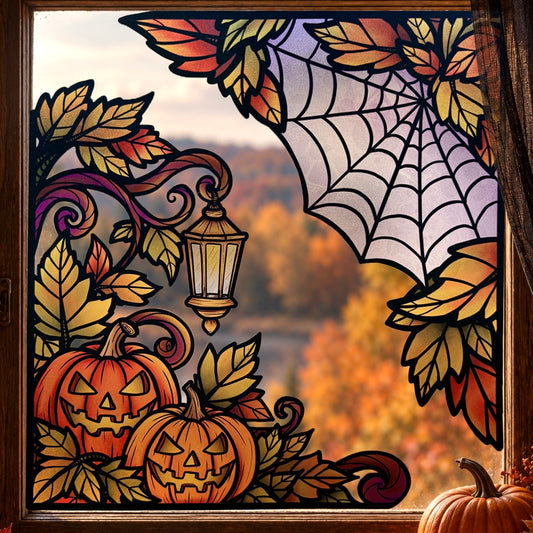 Nuit d’octobre. Stickers fenêtre vitrail. Citrouilles & toile d’araignée. Décoration repositionnable à découper