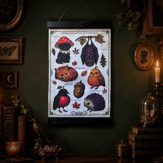 Poster tissu Curieuse Faune Automnale. Décoration murale botanique dark academia. Largeur 28 cm