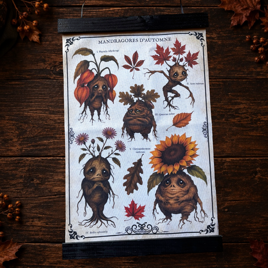 Poster tissu Mandragores d’Automne. Décoration murale botanique dark academia. Largeur 28 cm