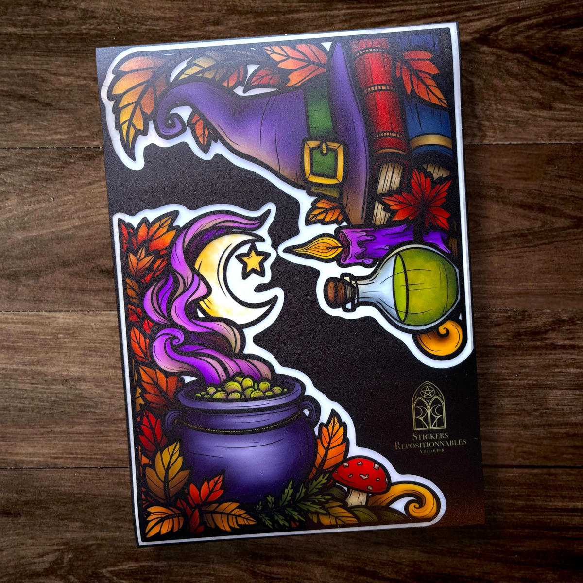 Le Musée des Sorcières. Stickers fenêtre vitrail. Décoration repositionnable à découper