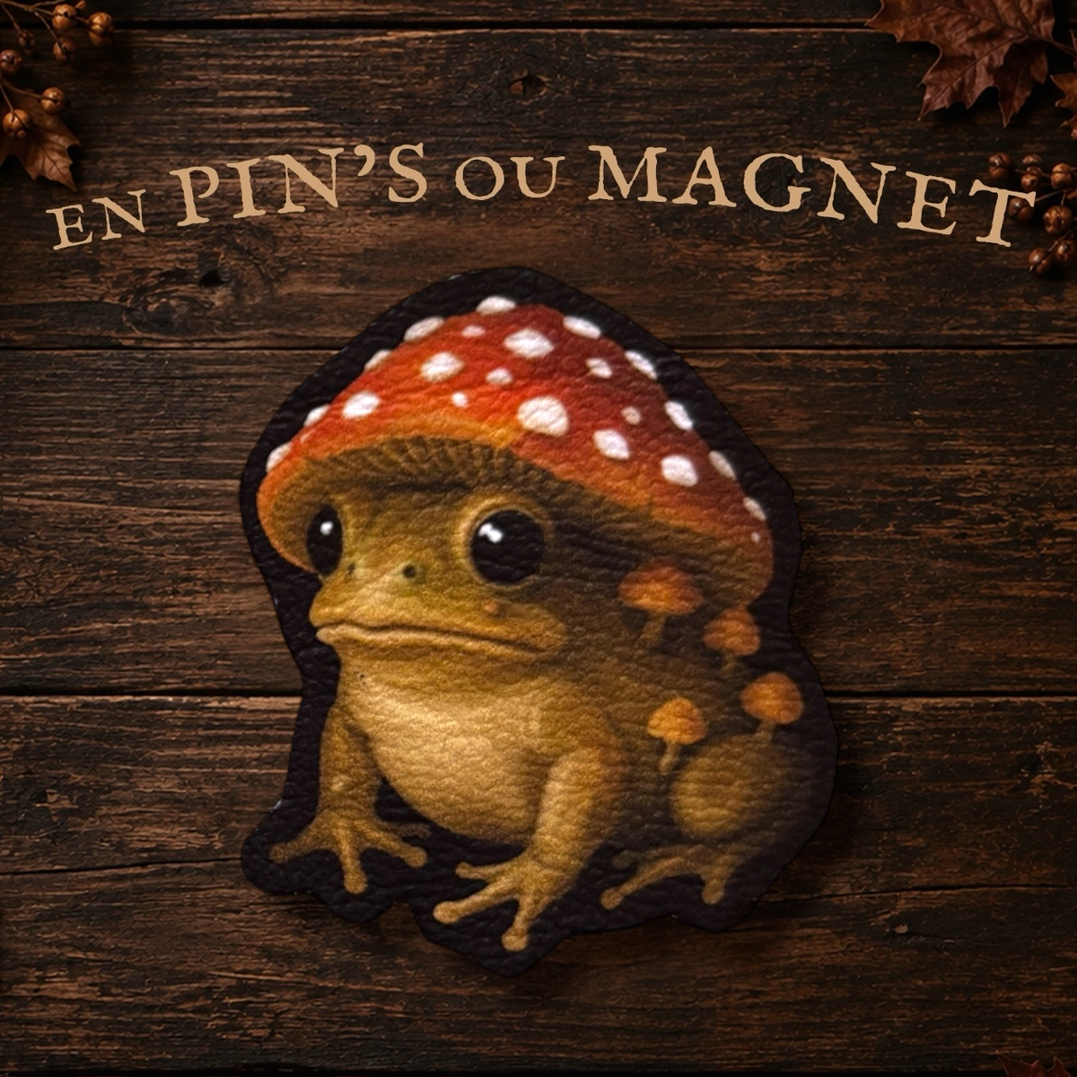 Magnet ou Pin’s Chat noir Champignon. Illustration automnale