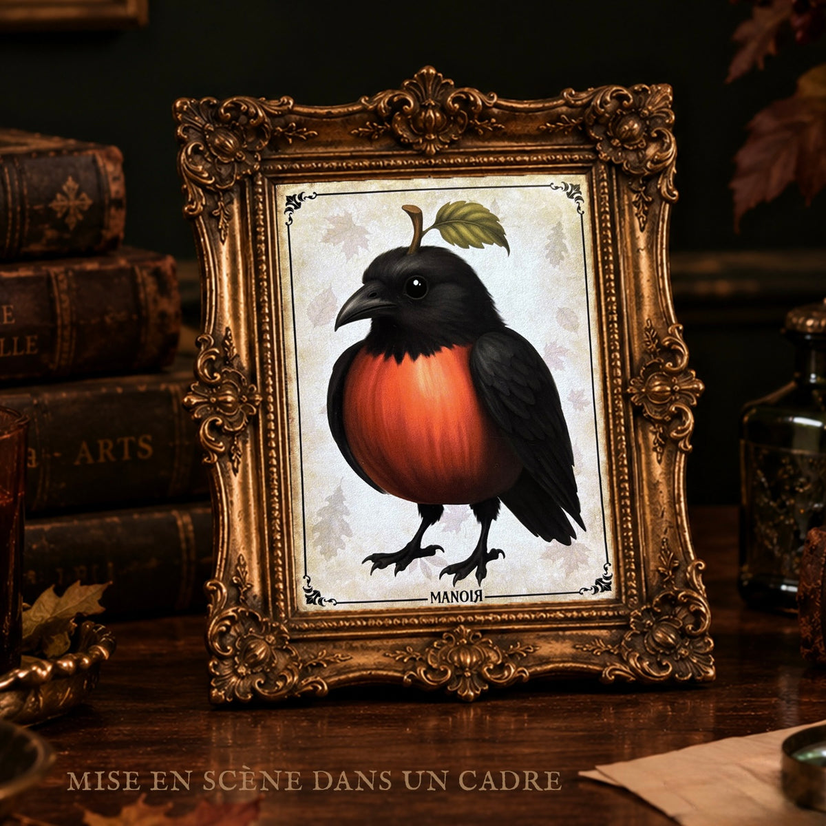 Carte postale Corbeau Pomme. Illustration automnale