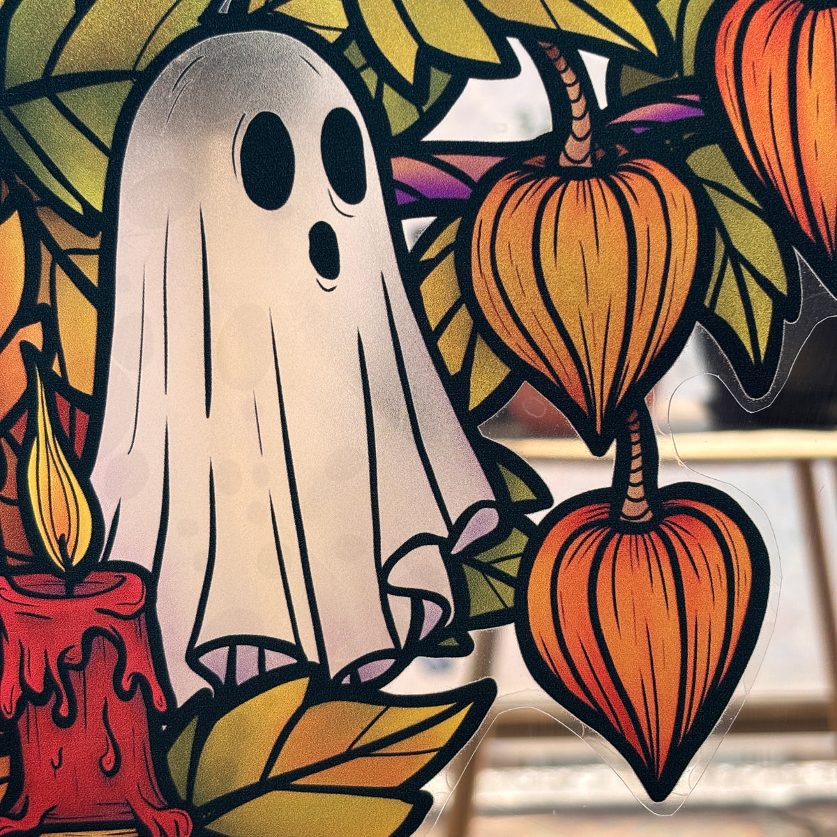 Fantômes de l’automne. Stickers fenêtre vitrail. Décoration repositionnable à découper