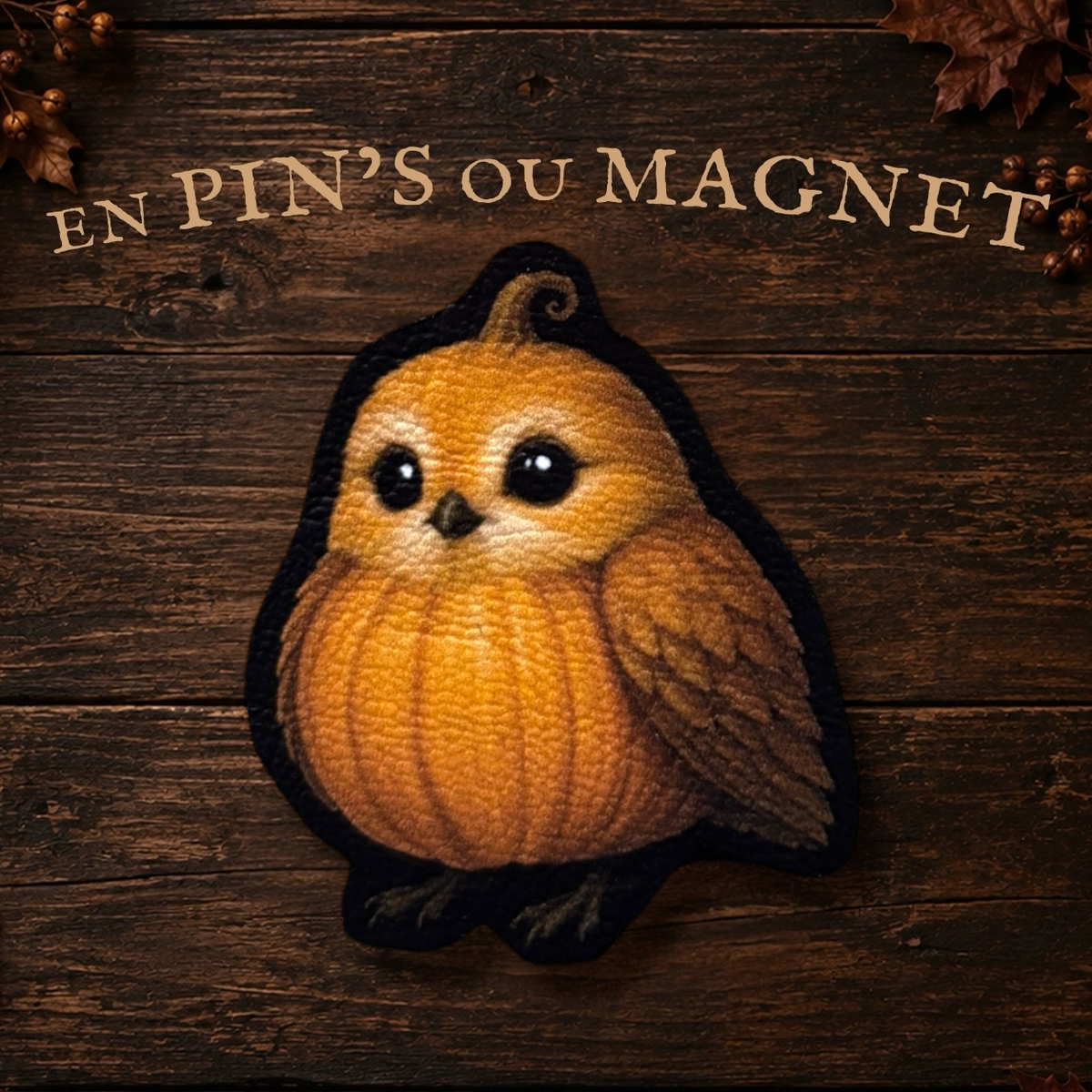 Magnet ou Pin’s oiseau citrouille. Illustration automnale