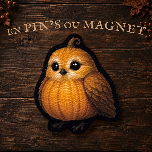 Magnet ou Pin’s oiseau citrouille. Illustration automnale