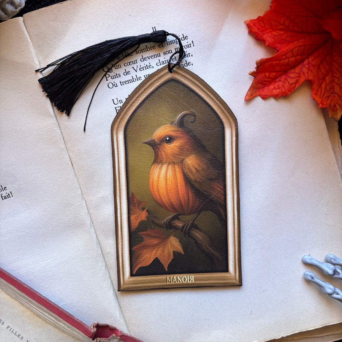 Marque Page/Decoration Oiseau Citrouille en Simili cuir illustré