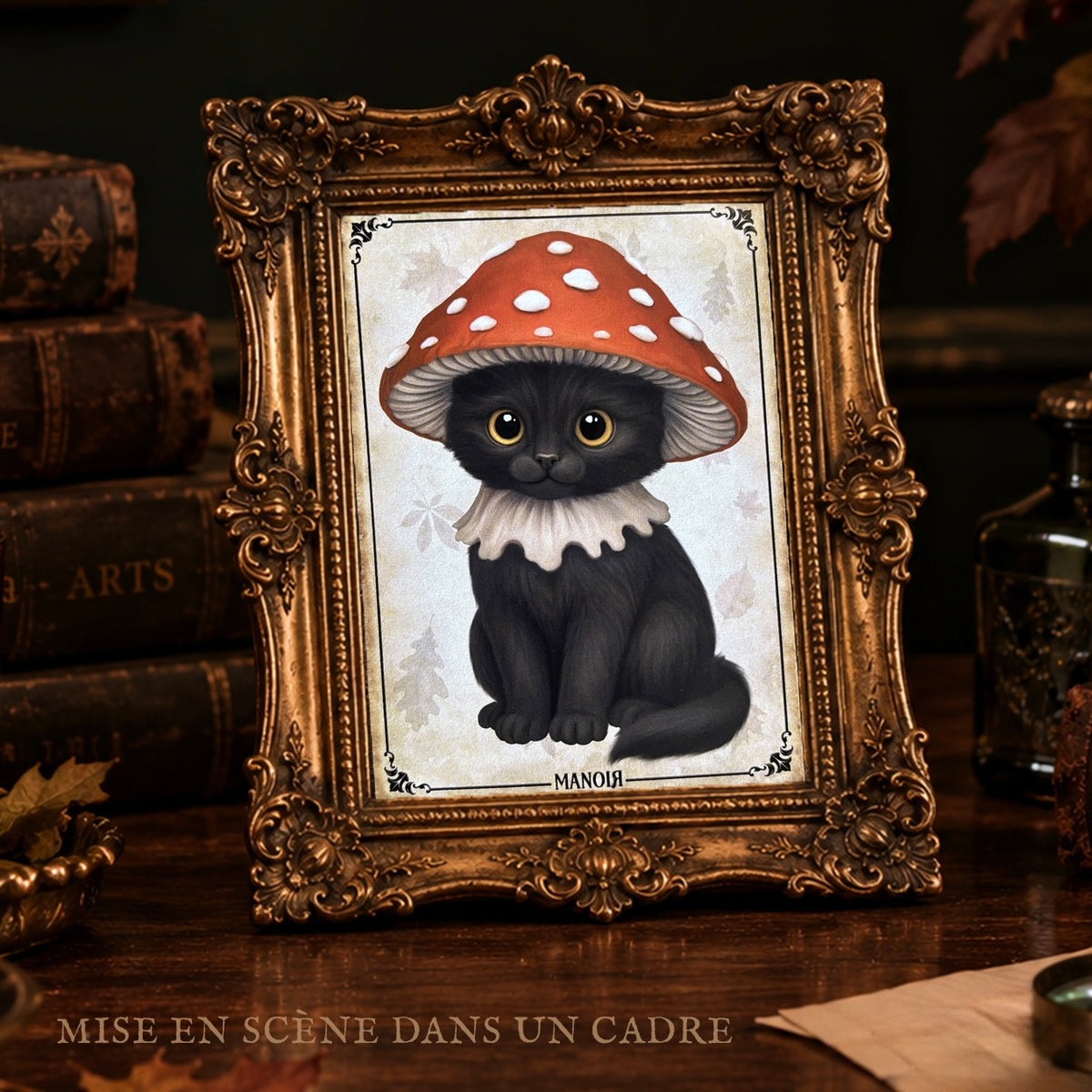Carte postale Chat Amanite. Illustration automnale