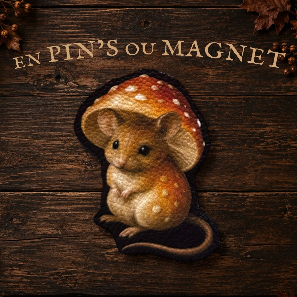 Magnet ou Pin’s Souris Champignon. Illustration automnale