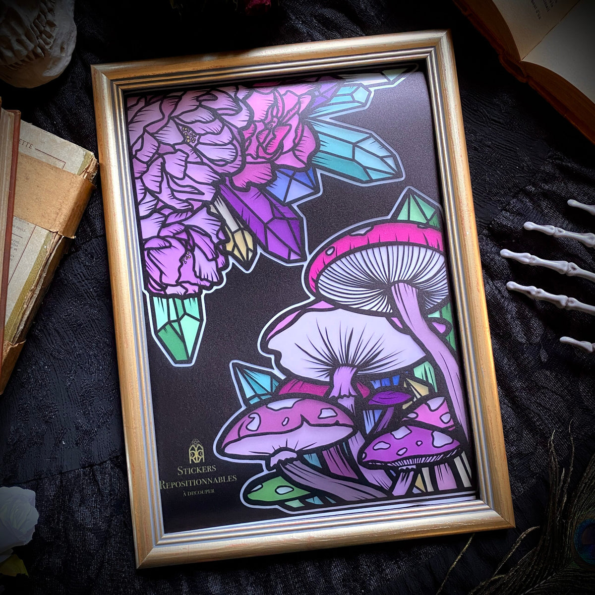 Pivoines et Champignons roses. Stickers repositionnables. A4 à découper.