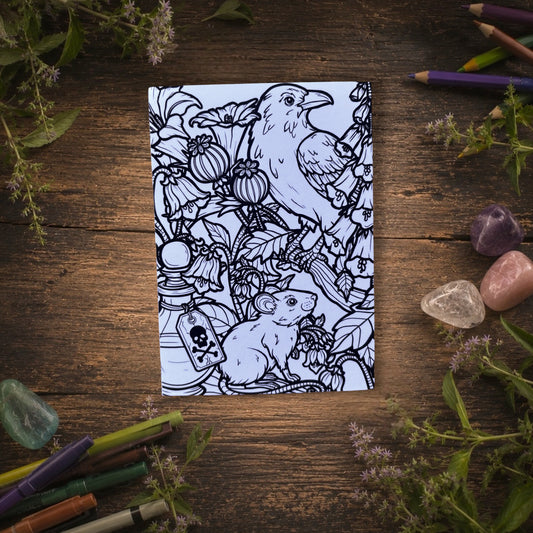 Carte postale à colorier. Corbeau & Souris. Illustration gothique à personnaliser. Format A6