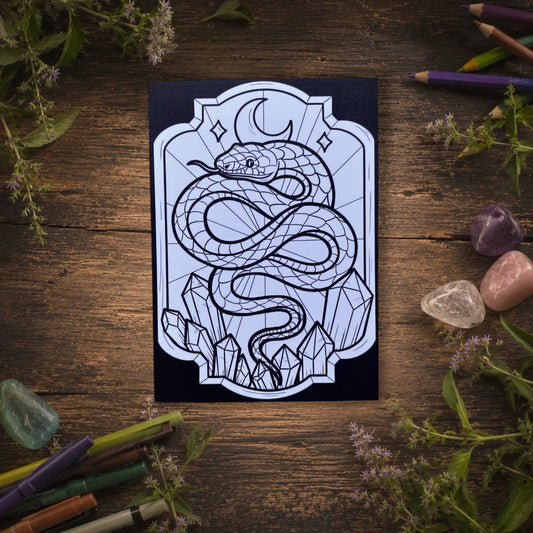 Carte postale à colorier. Serpent gothique. Illustration gothique à personnaliser. Format A6