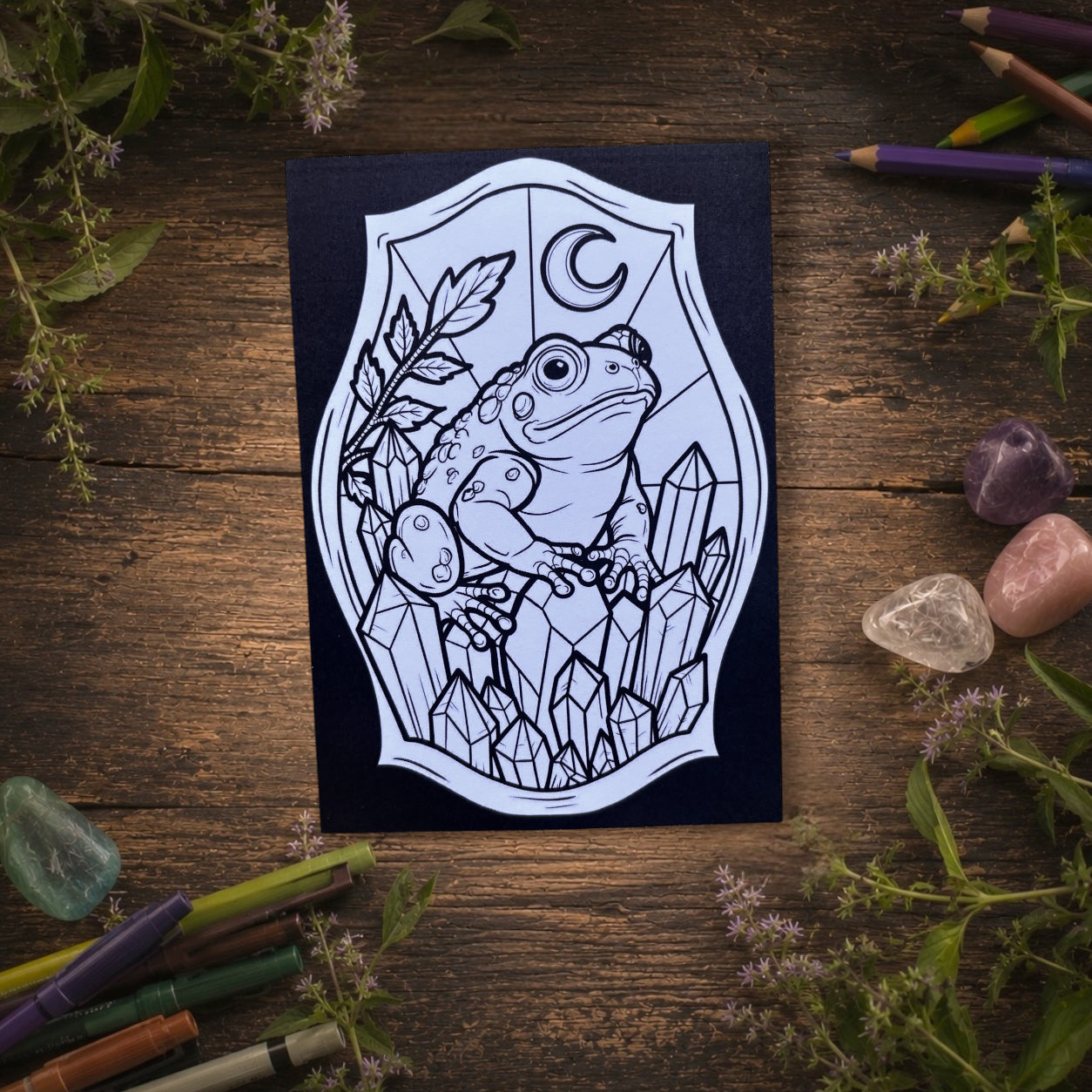 Carte postale à colorier. Grenouille magique. Illustration gothique à personnaliser. Format A6